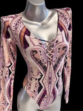 Free People purple paisley bodysuit one piece corset lace long sleeve floral xs